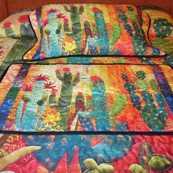 Vantique Flowering Cactus King Quilt Bedspread & Shams Southwest Desert 104x 94 - Picture 2 of 5